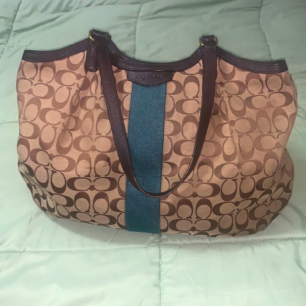 Tan/teal stripe Coach signature C Handbag